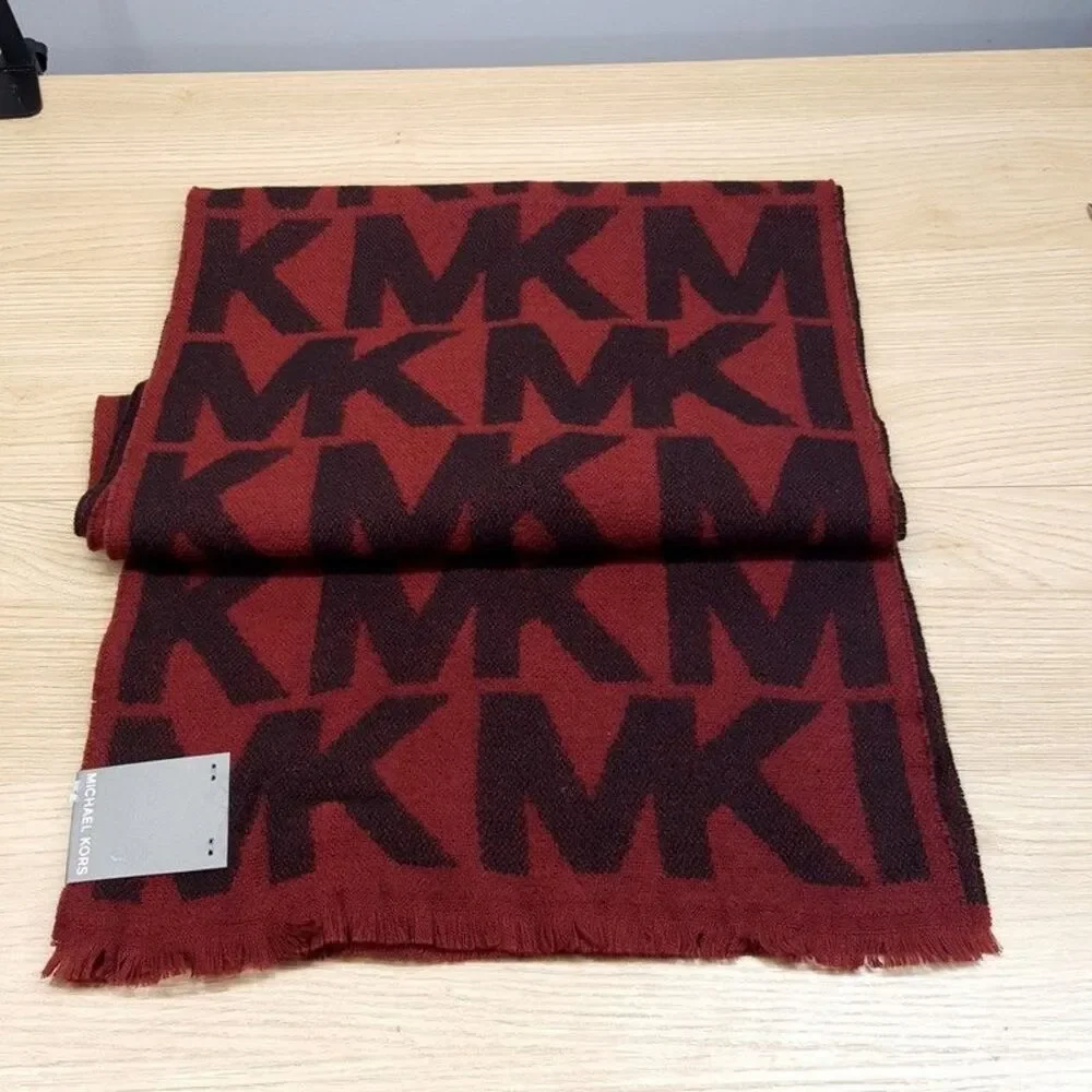 MICHAEL KORS Scarf Burgundy Giant Logo MK Monogram Frayed Hem Maroon 66x12 - Picture 1 of 5